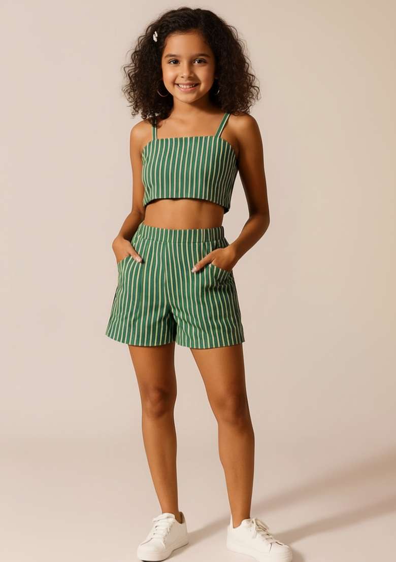 Girls Green Striped Poplin Co-Ord Set - Indya