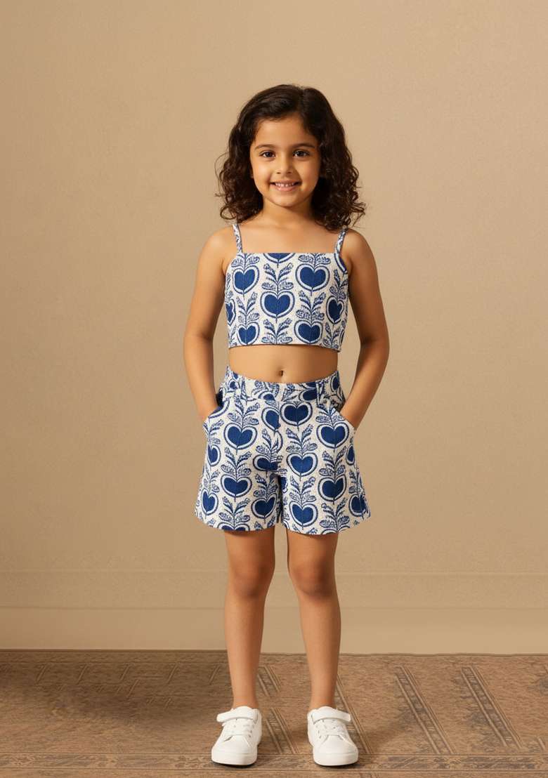 Girls Blue And White Floral Print Poplin Co-Ord Set - Indya