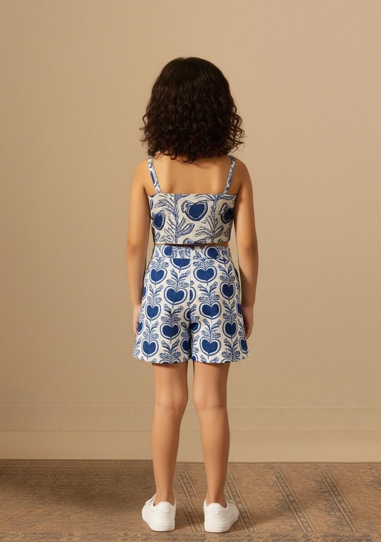Girls Blue And White Floral Print Poplin Co-Ord Set - Indya