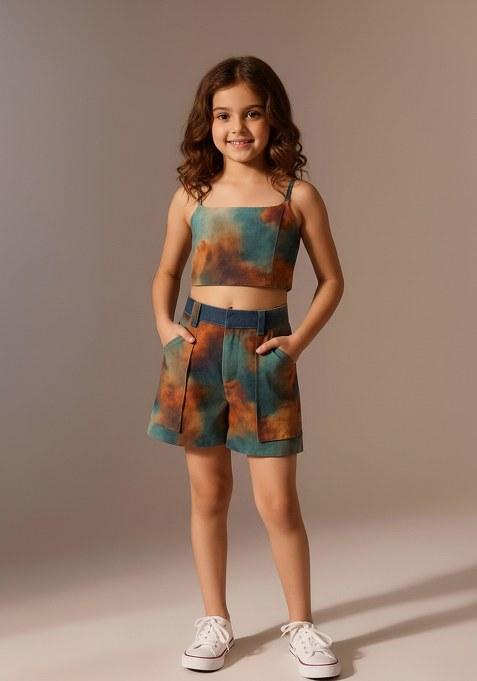 Girls Multicolor Abstract Print Poplin Co-Ord Set