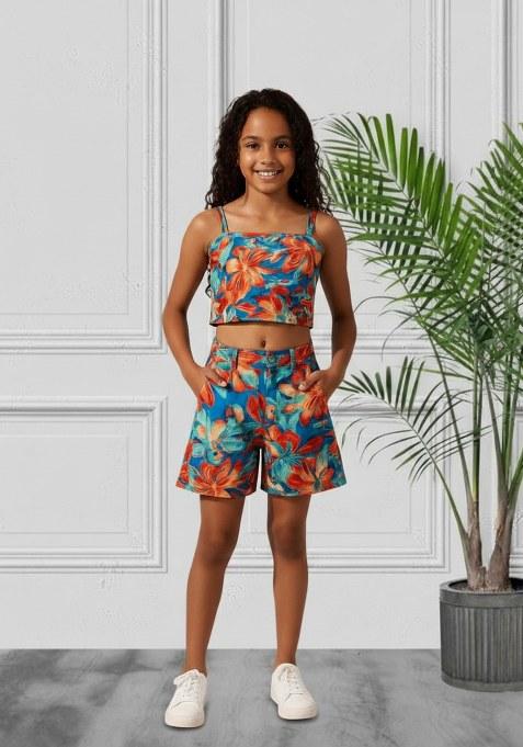 Girls Multicolor Abstract Print Poplin Co-Ord Set