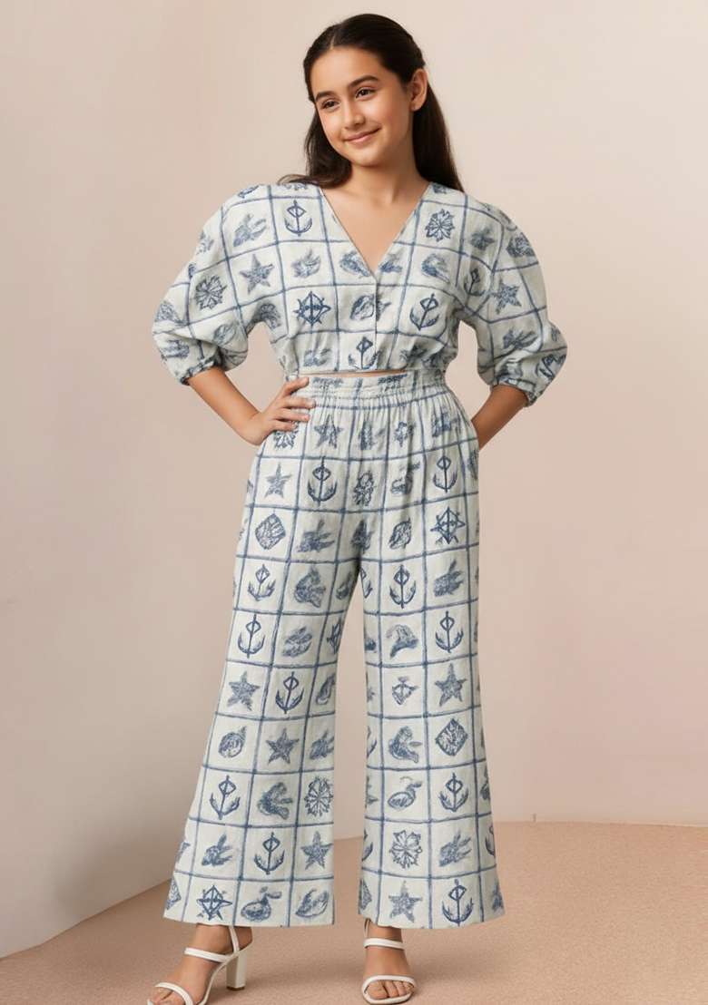 Girls White Figure Print Poplin Co-Ord Set - Indya