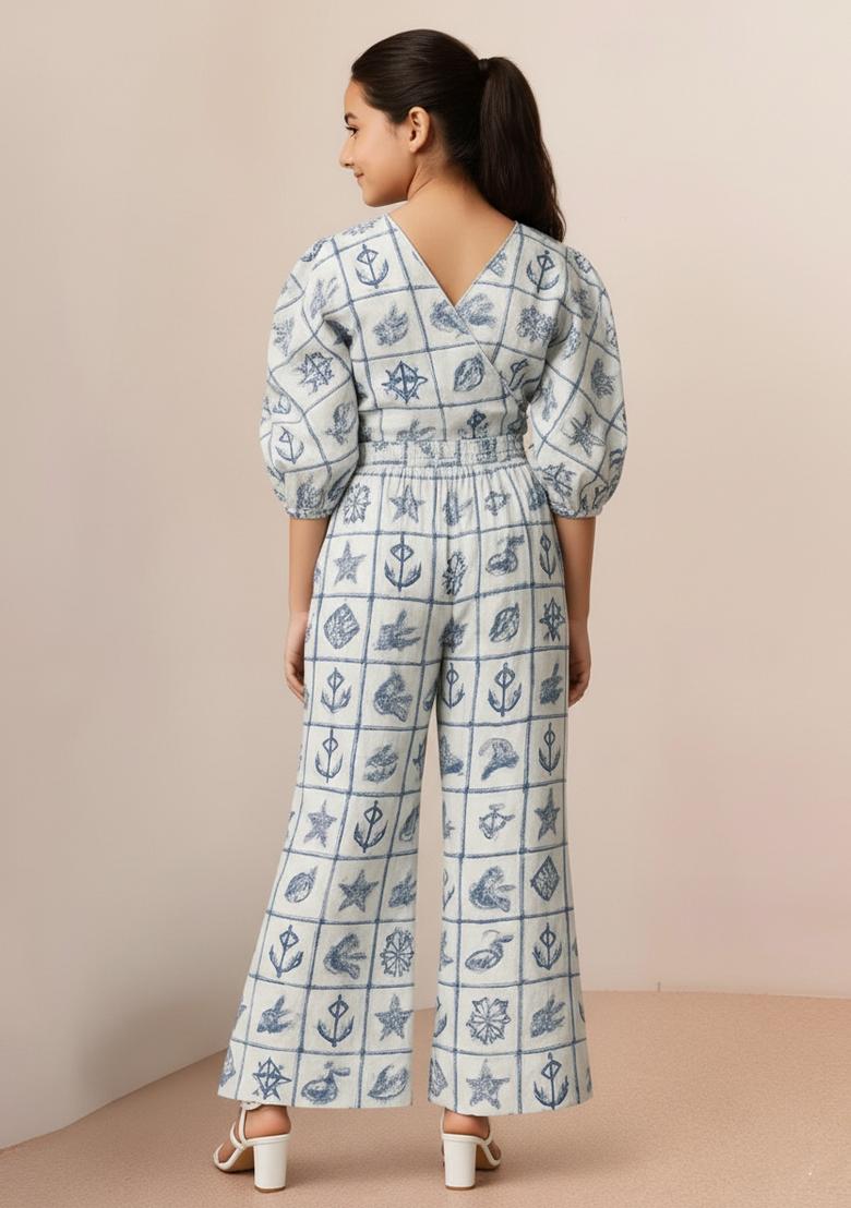 Girls White Figure Print Poplin Co-Ord Set - Indya