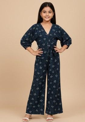 Girls Navy Blue Floral Print Poplin Co-Ord Set