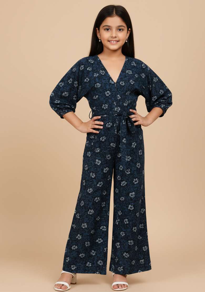 Girls Navy Blue Floral Print Poplin Co-Ord Set - Indya