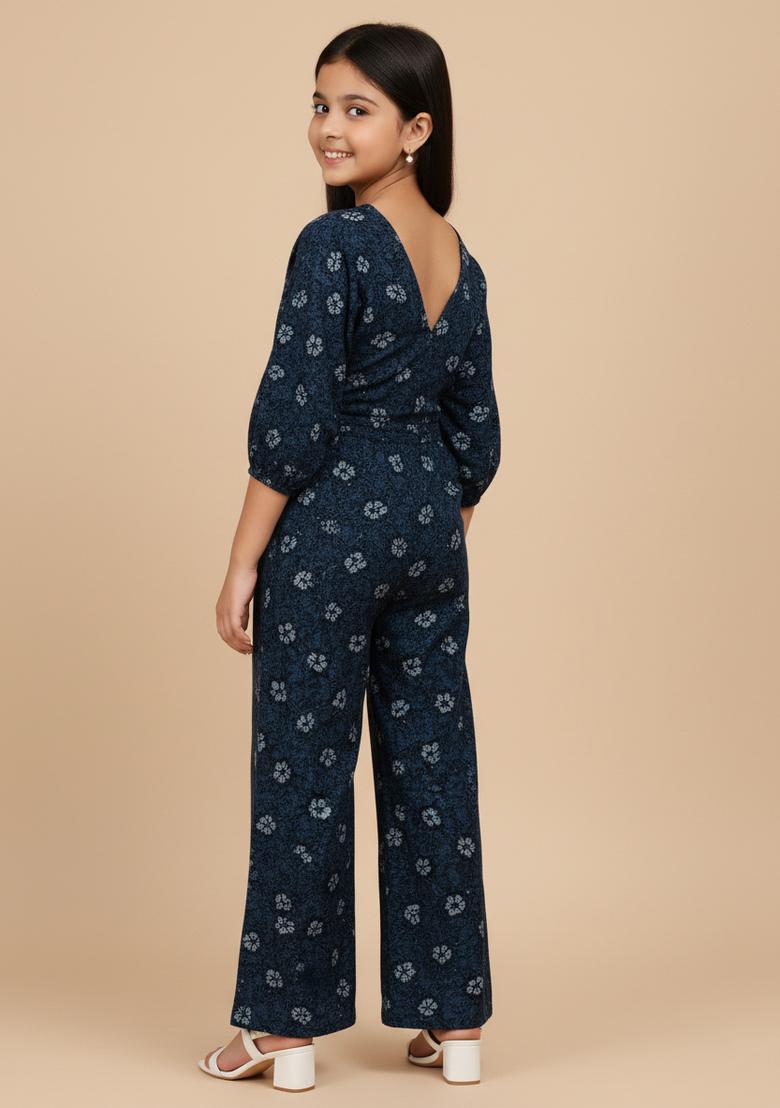 Girls Navy Blue Floral Print Poplin Co-Ord Set - Indya