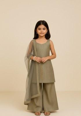 Girls Green Embroidered Viscose Sharara Set