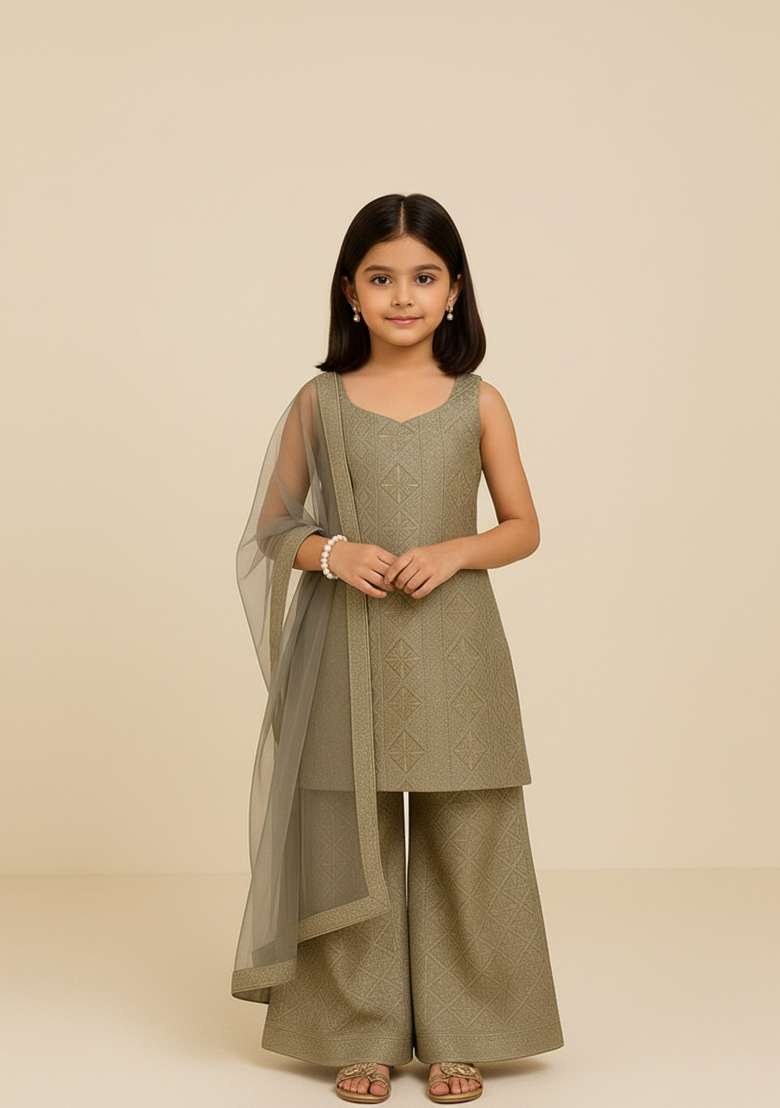 Girls Green Embroidered Viscose Sharara Set - Indya