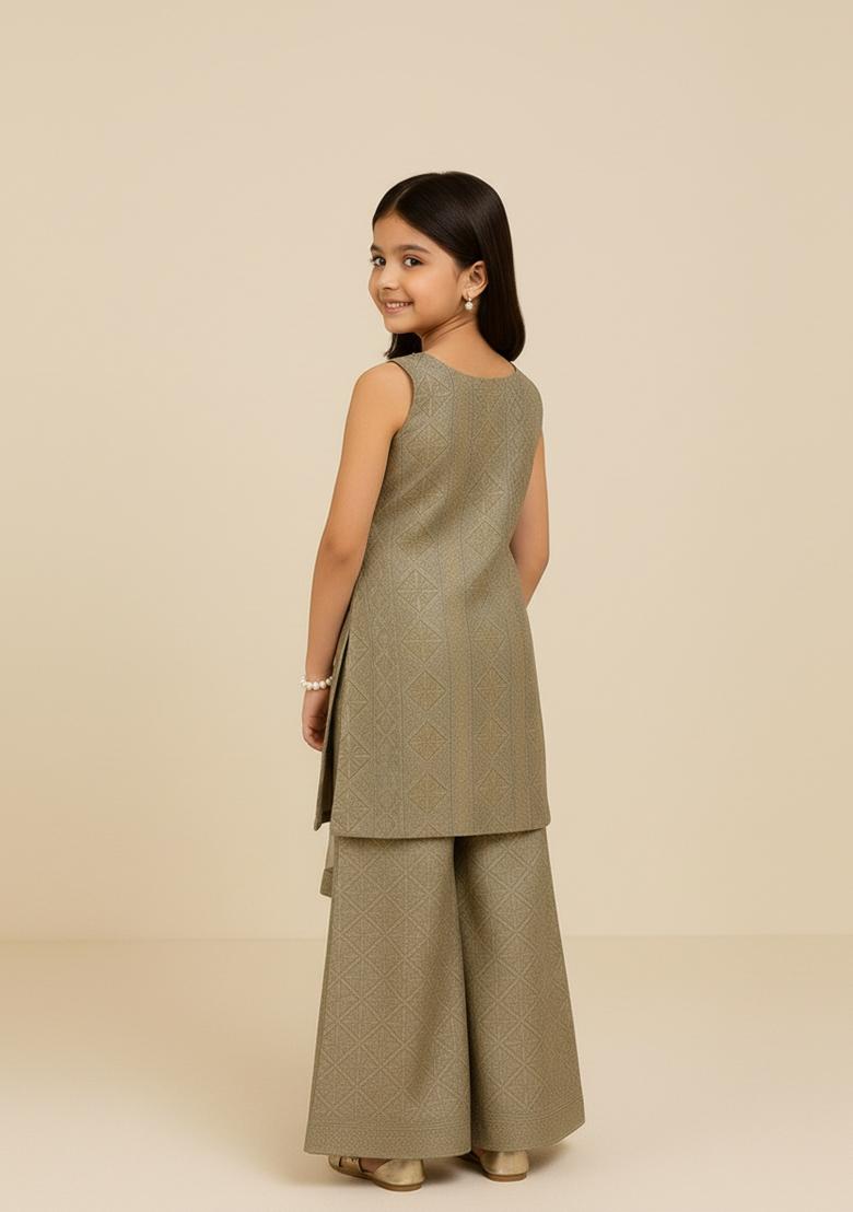 Girls Green Embroidered Viscose Sharara Set - Indya