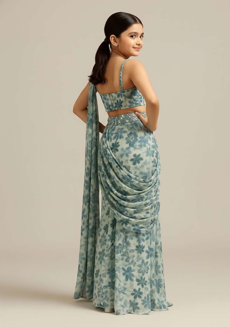 Girls Blue Floral Print Crepe Pre Draped Saree Set - Indya