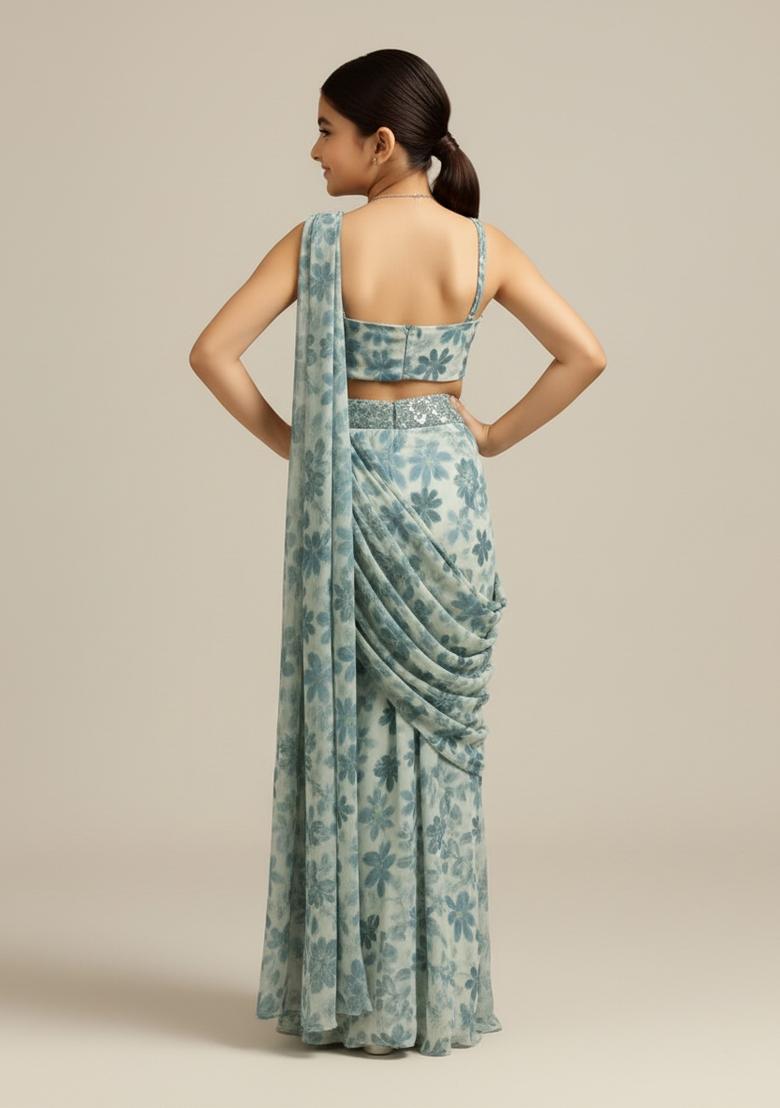 Girls Blue Floral Print Crepe Pre Draped Saree Set - Indya