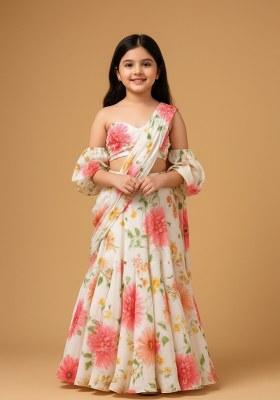 Girls Off White Floral Print Georgette Pre Draped Saree Set
