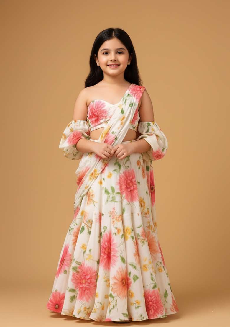Girls Off White Floral Print Georgette Pre Draped Saree Set - Indya