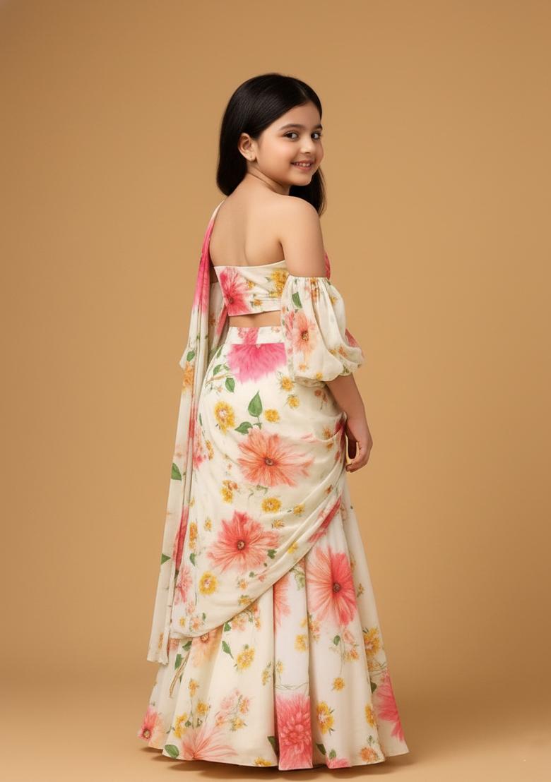 Girls Off White Floral Print Georgette Pre Draped Saree Set - Indya