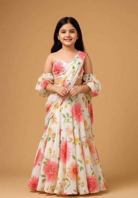 Girls Off White Floral Print Georgette Pre Draped Saree Set