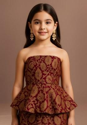 Girls Maroon Brocade Peplum Top