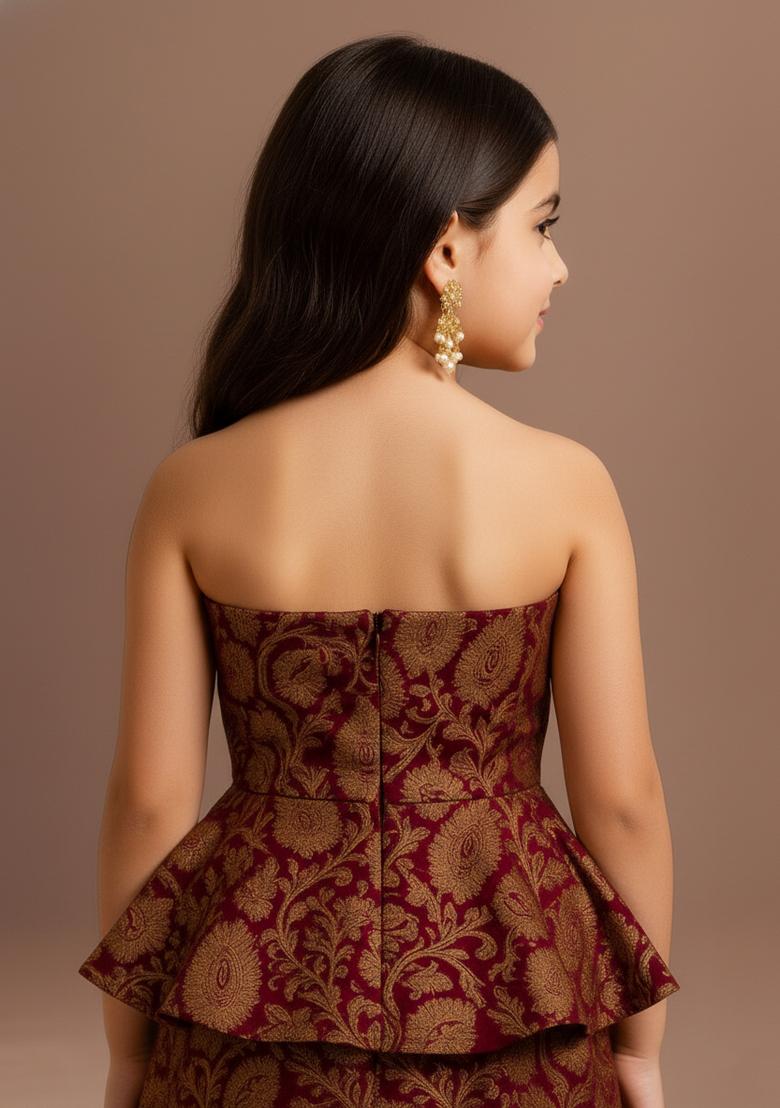 Girls Maroon Brocade Peplum Top - Indya