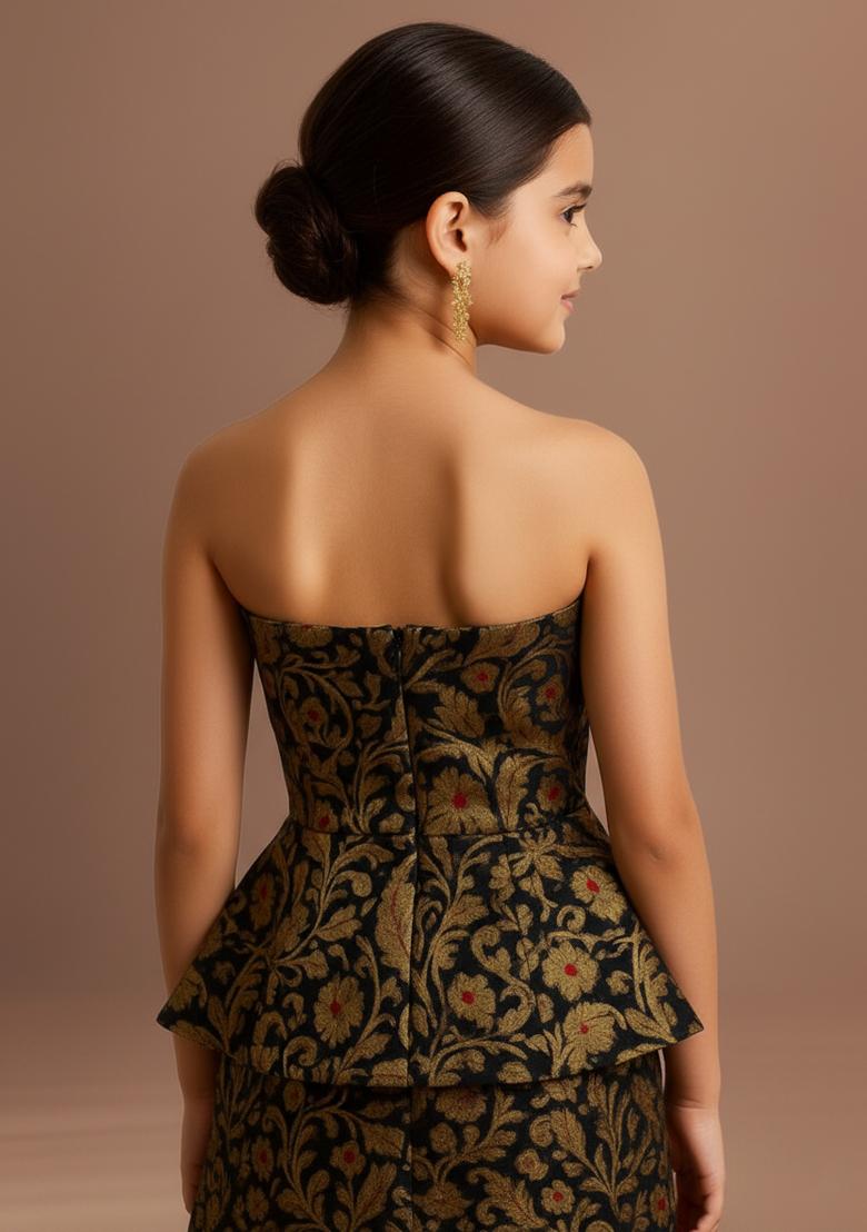 Girls Black Brocade Peplum Top - Indya