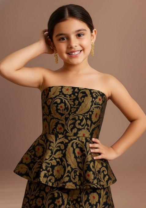 Girls Black Brocade Peplum Top