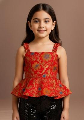 Girls Red Brocade Peplum Top
