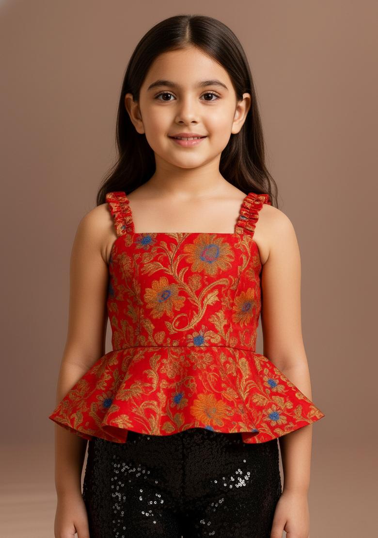 Girls Red Brocade Peplum Top