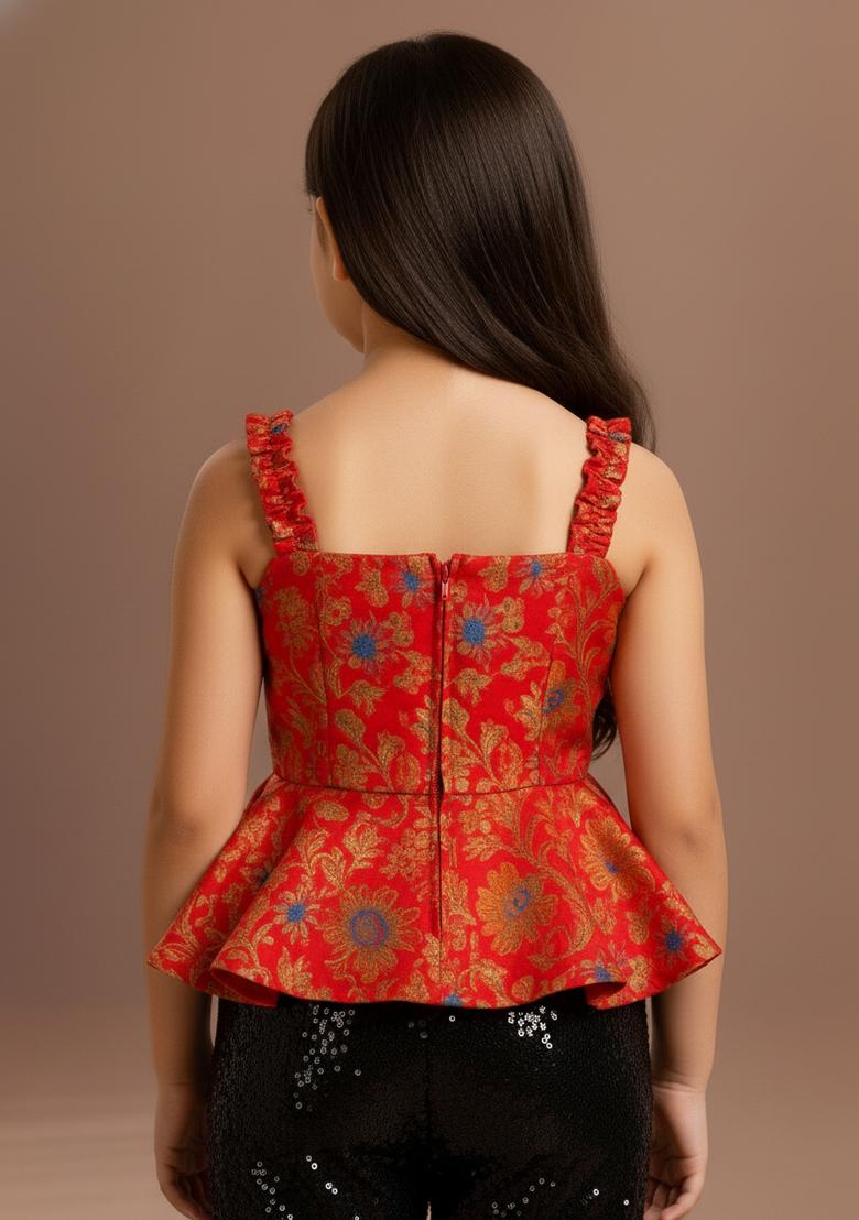 Girls Red Brocade Peplum Top