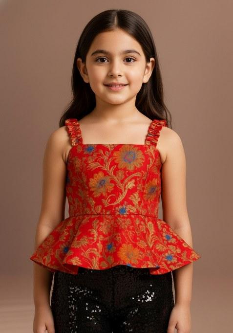 Girls Red Brocade Peplum Top