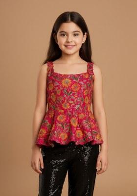 Girls Magenta Brocade Peplum Top