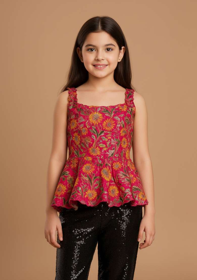 Girls Magenta Brocade Peplum Top - Indya