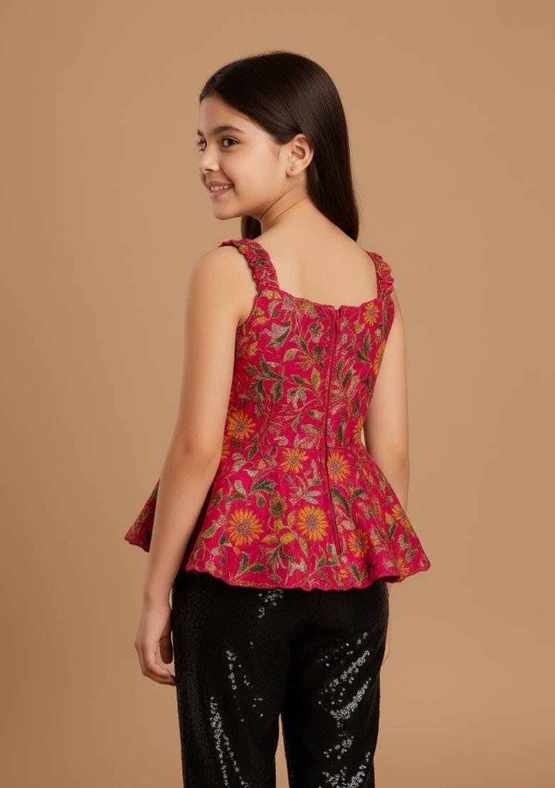 Girls Magenta Brocade Peplum Top - Indya