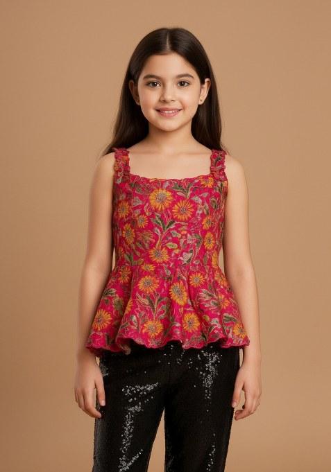 Girls Magenta Brocade Peplum Top