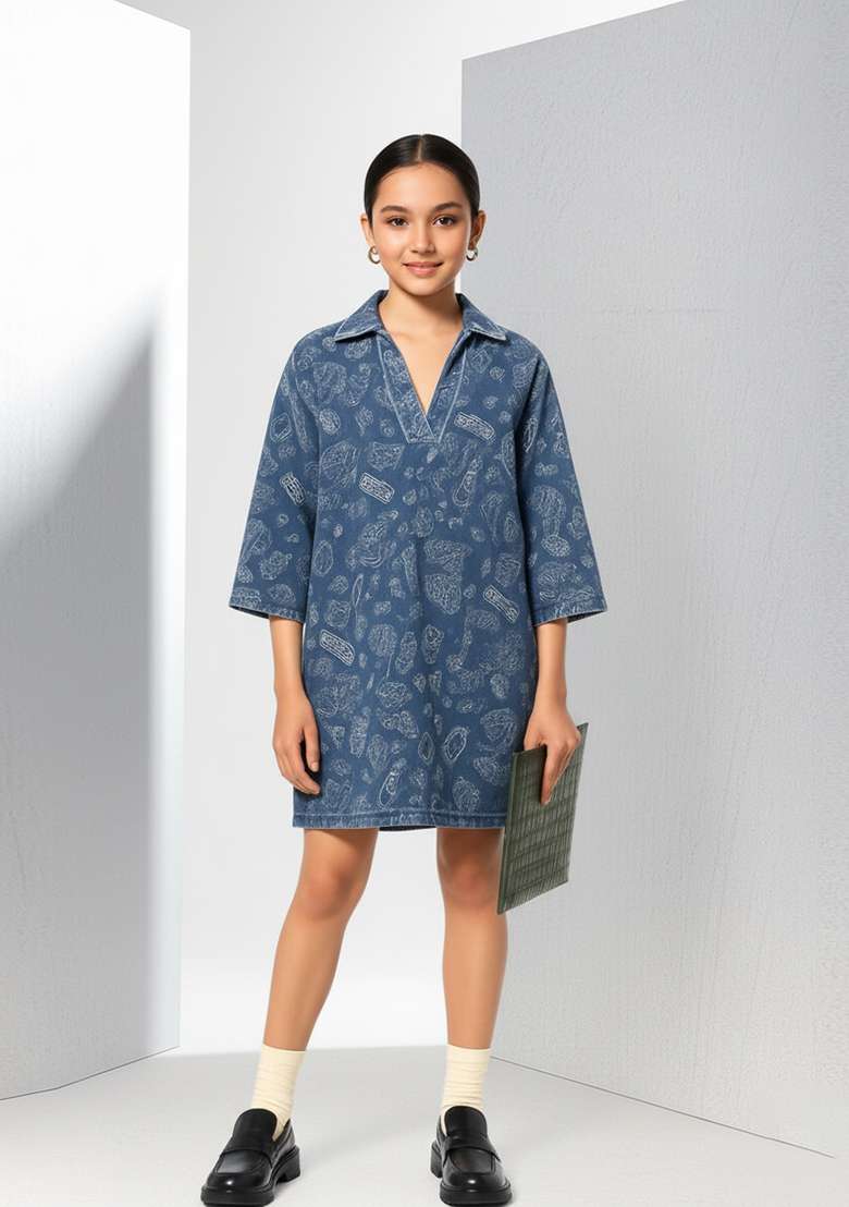 Girls Blue Abstract Print Denim Dress - Indya