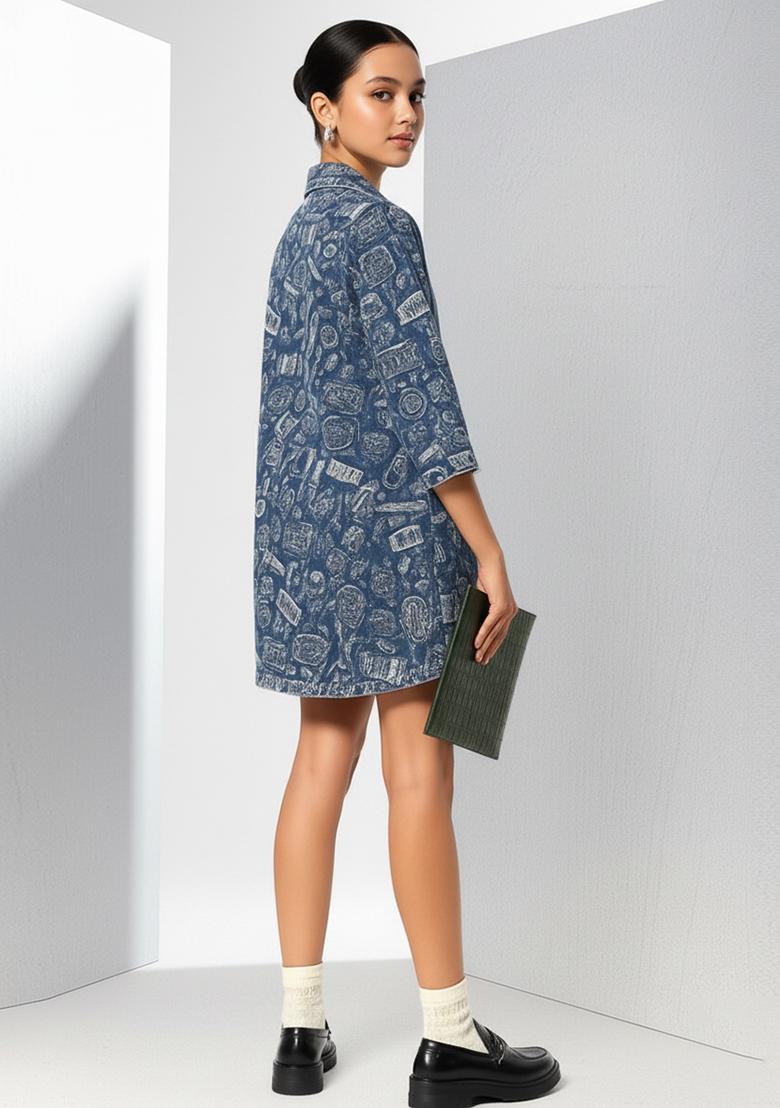 Girls Blue Abstract Print Denim Dress - Indya