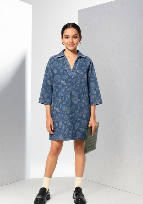 Girls Blue Abstract Print Denim Dress