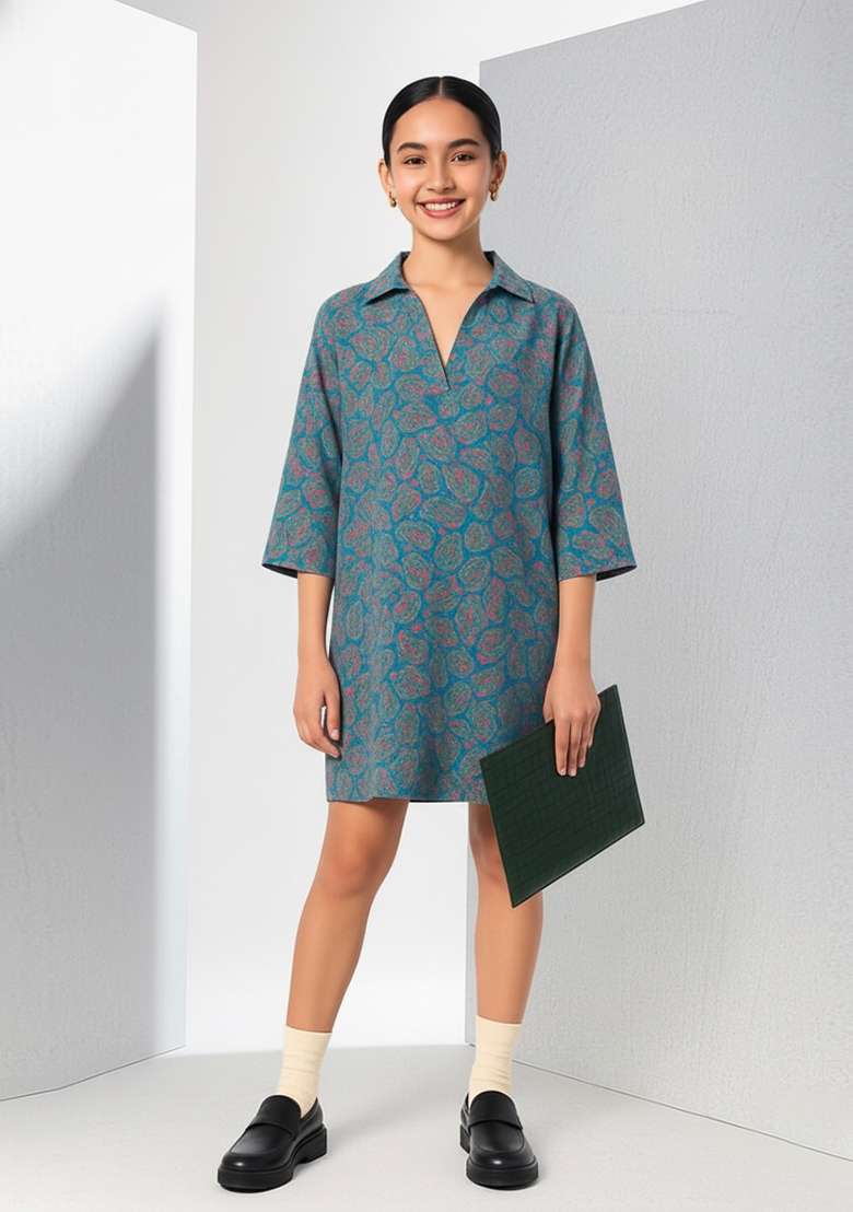 Girls Blue Embroidered Denim Dress - Indya