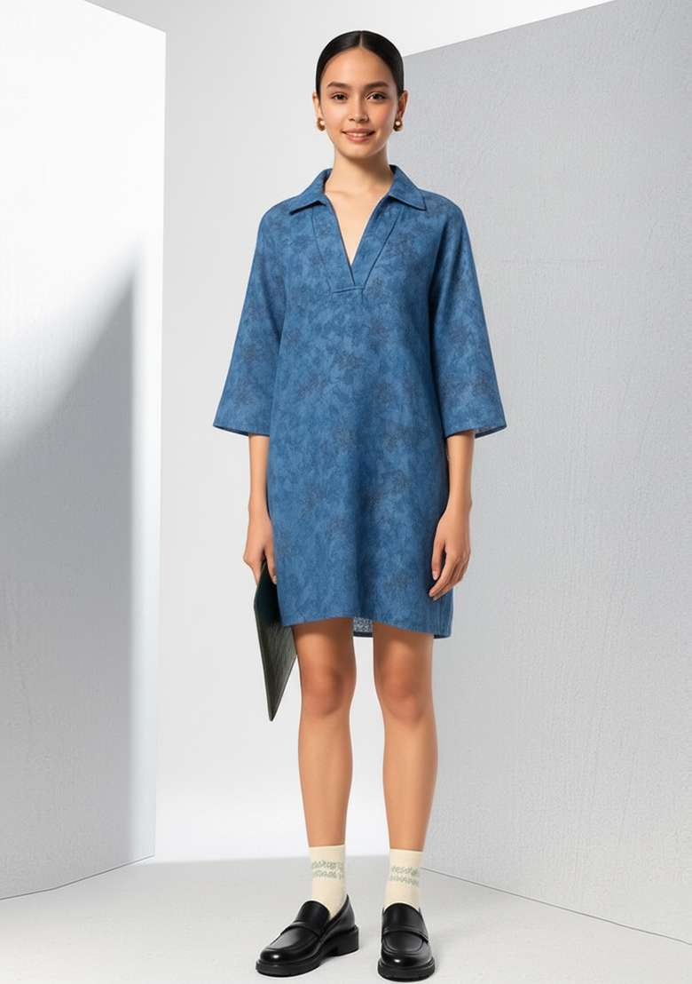 Girls Blue Embroidered Denim Dress - Indya