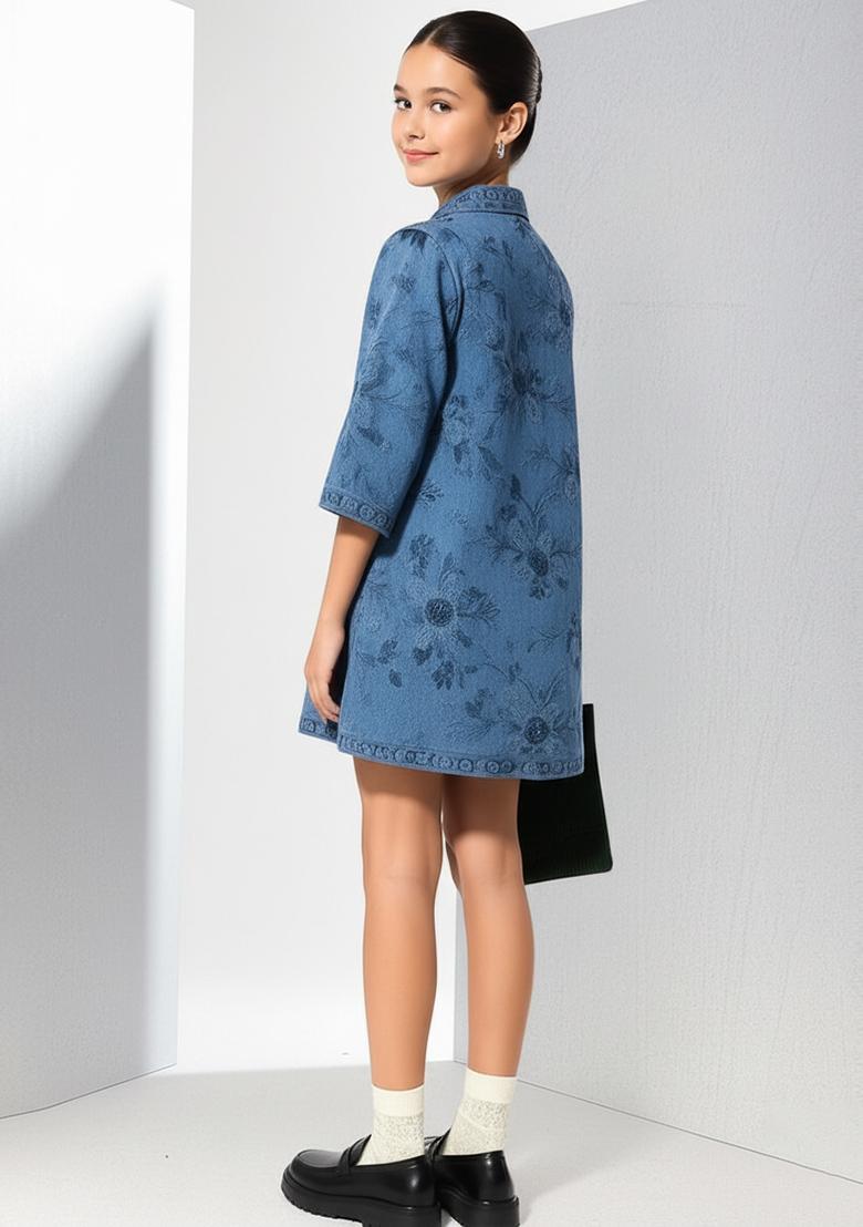 Girls Blue Embroidered Denim Dress - Indya