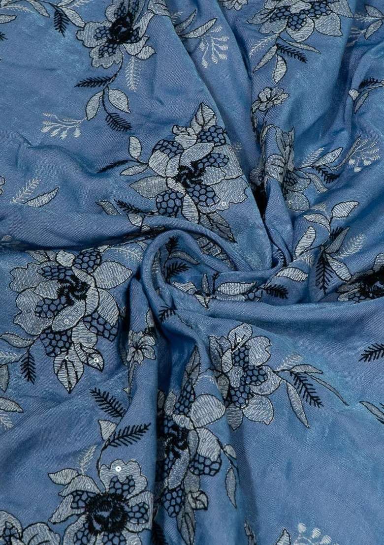 Girls Blue Embroidered Denim Dress - Indya