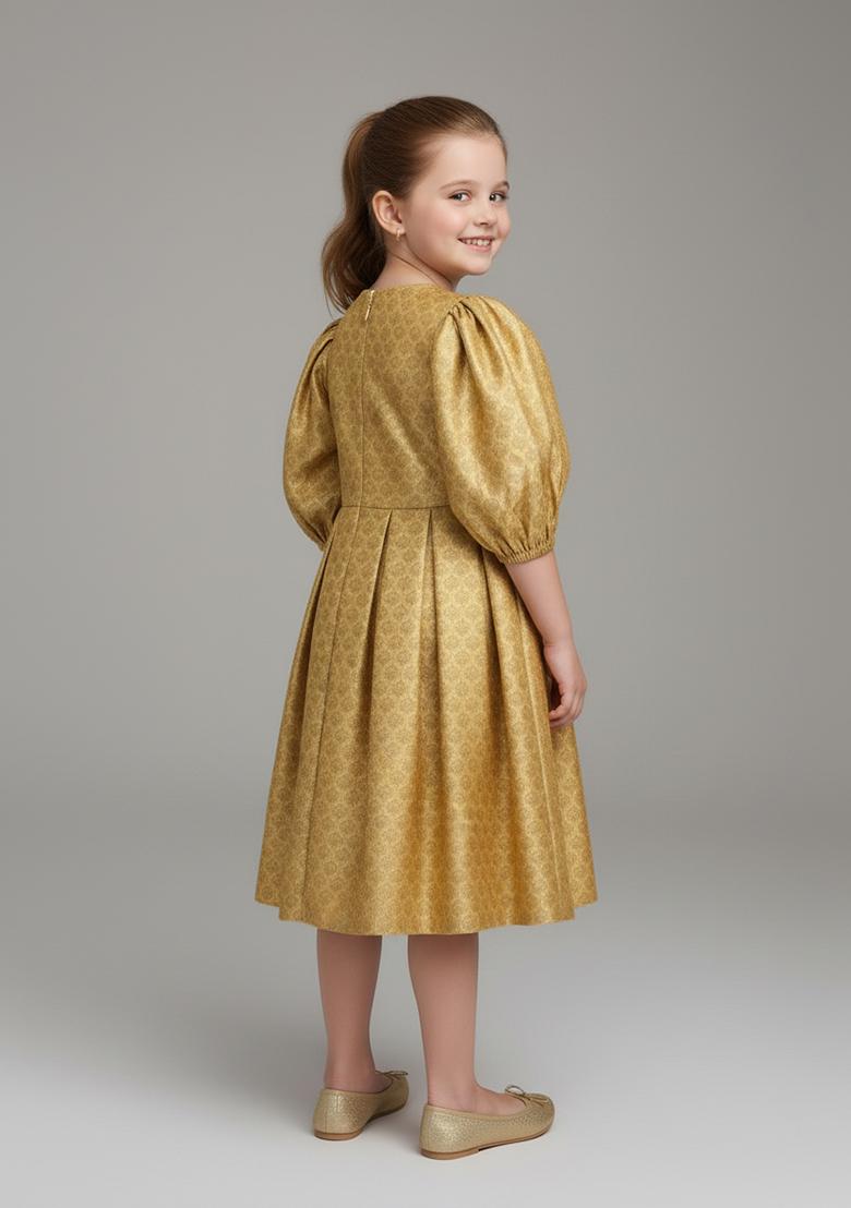 Girls Beige Brocade Dress - Indya