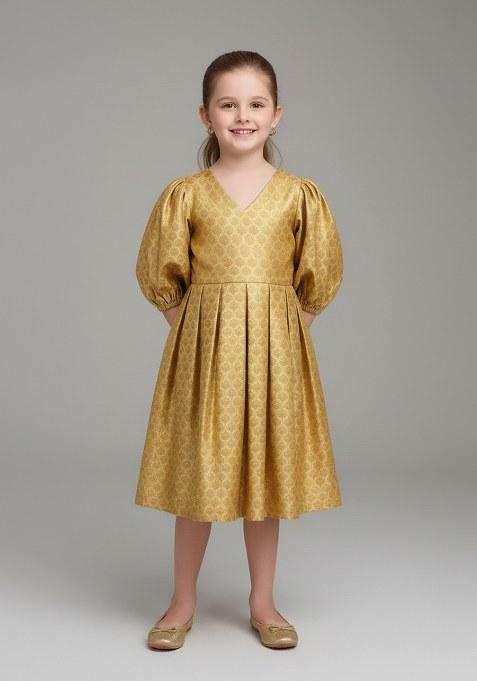 Girls Beige Brocade Dress
