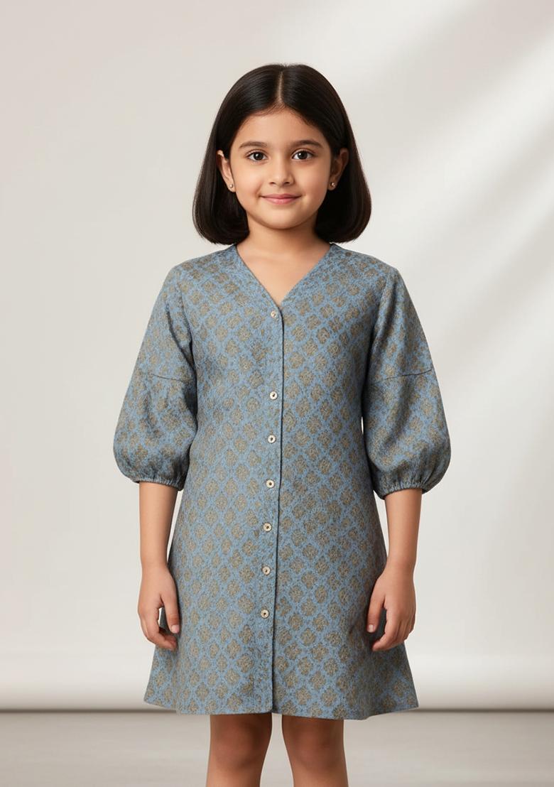 Girls Blue Brocade Dress