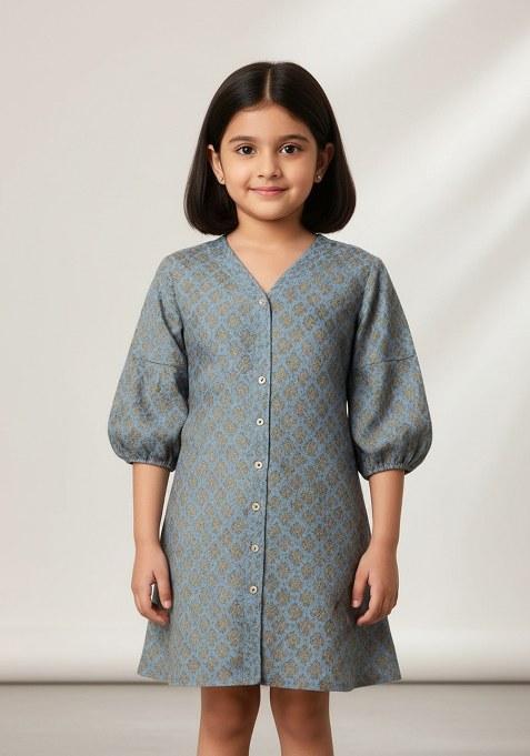 Girls Blue Brocade Dress