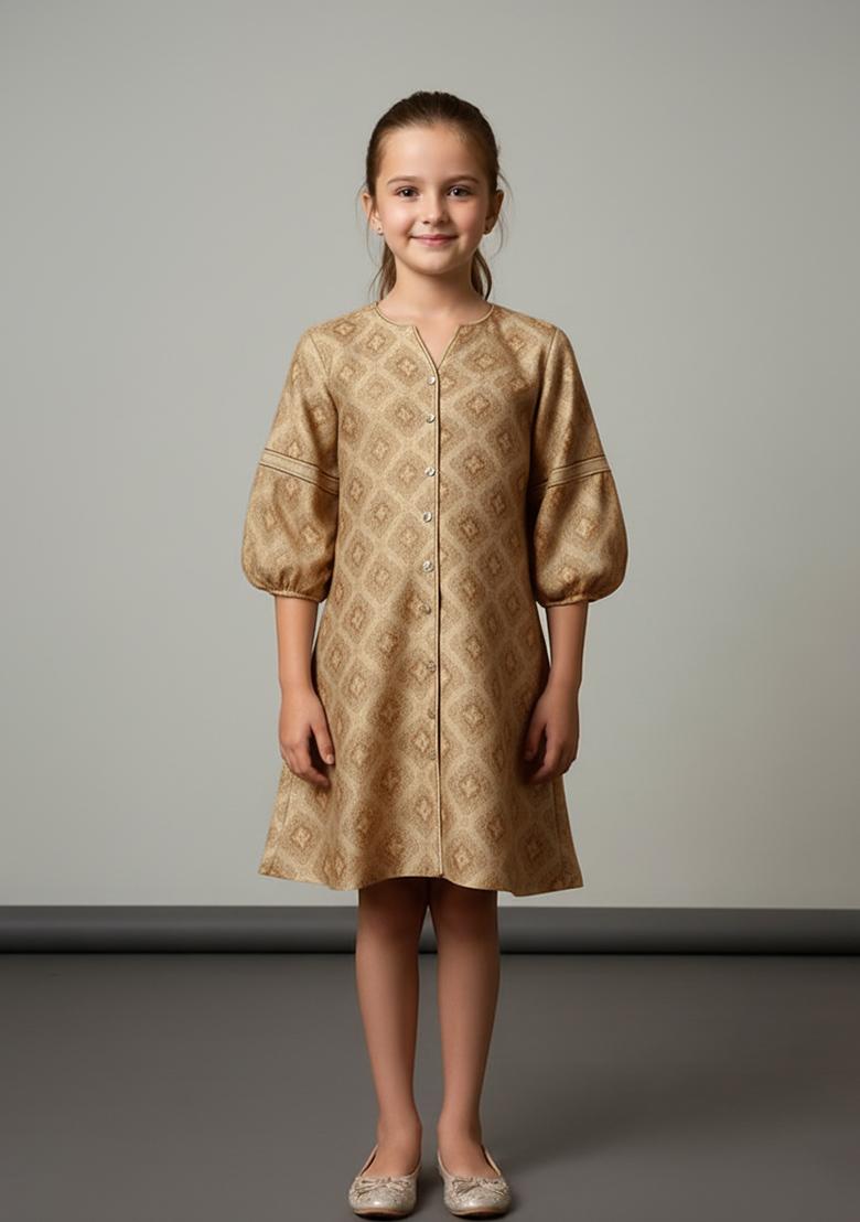 Girls Golden Brocade Dress - Indya