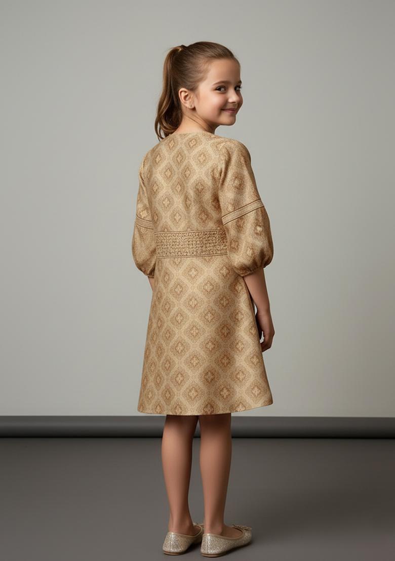 Girls Golden Brocade Dress - Indya