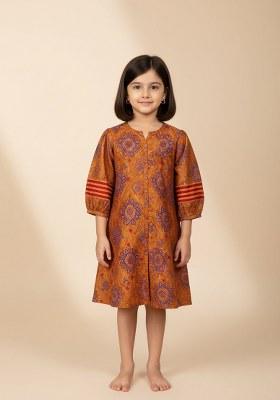 Girls Orange Brocade Dress
