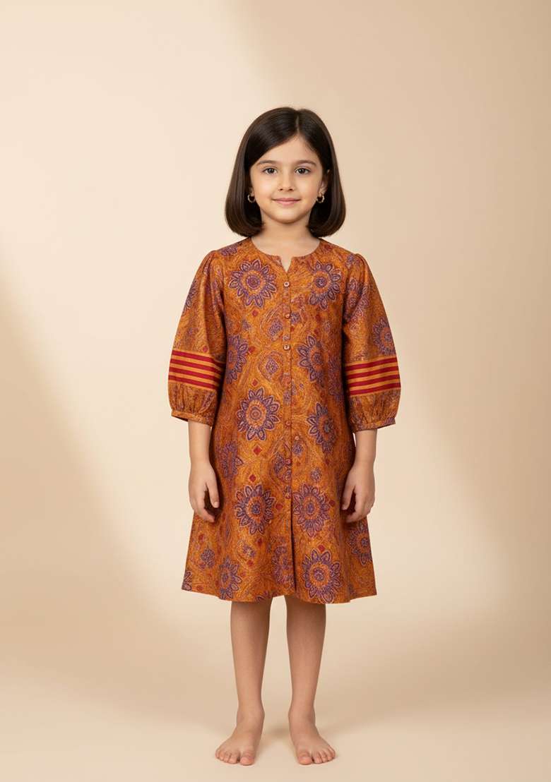Girls Orange Brocade Dress - Indya