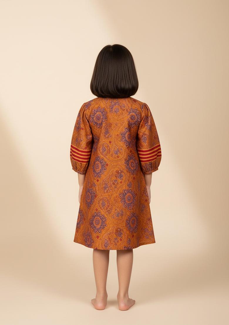 Girls Orange Brocade Dress - Indya