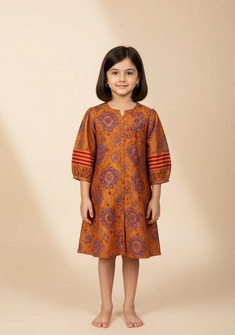 Girls Orange Brocade Dress