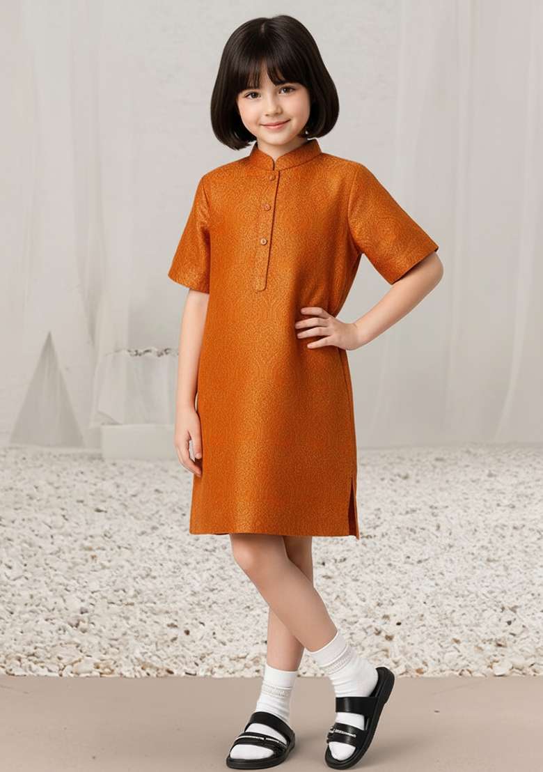 Girls Orange Brocade Dress - Indya