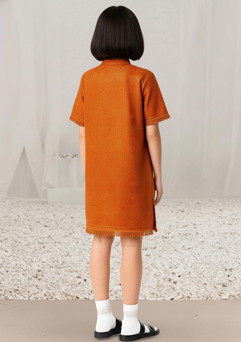Girls Orange Brocade Dress - Indya